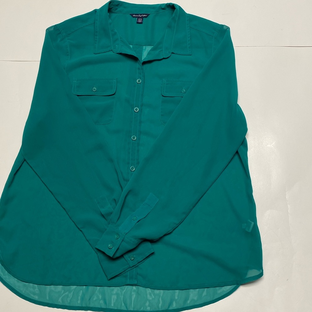 American Eagle Outfitters Womens Sheer Button Up Green Shirt Women XL